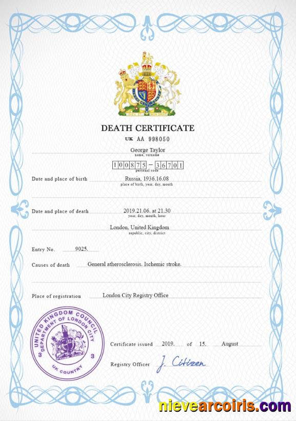 Realistic United Kingdom Death Certificate PSD Template, Completely Editable