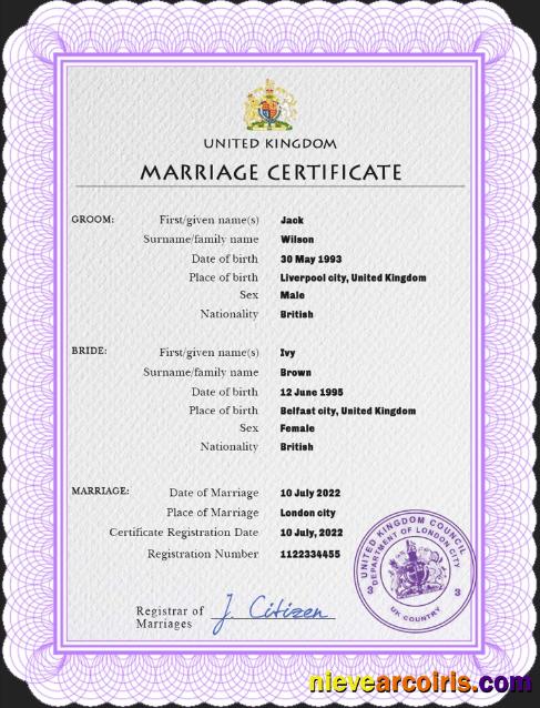 Professional United Kingdom Marriage Certificate PSD Template,