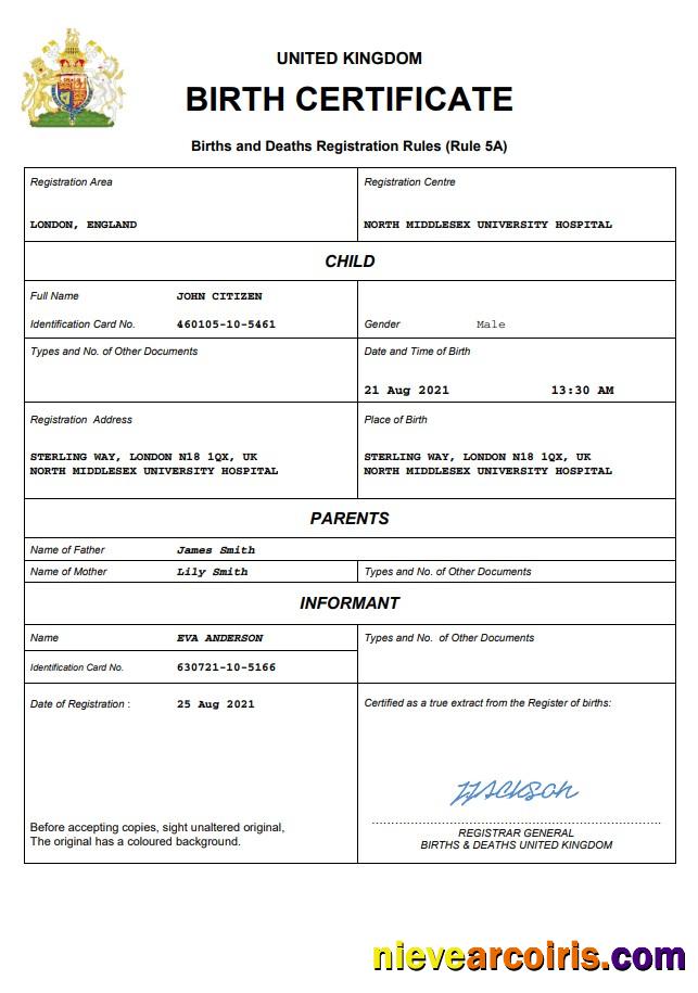 Realistic United Kingdom Vital Record Birth Certificate Word And PDF Template