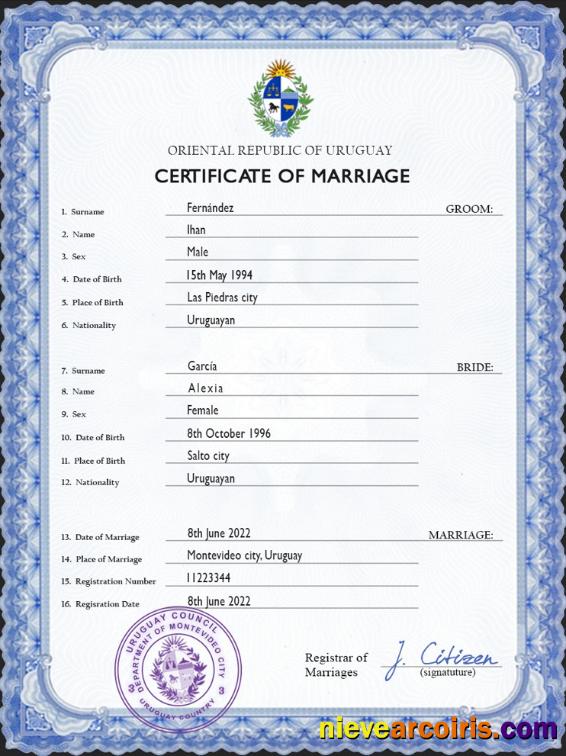 Premium Uruguay Marriage Certificate PSD Template