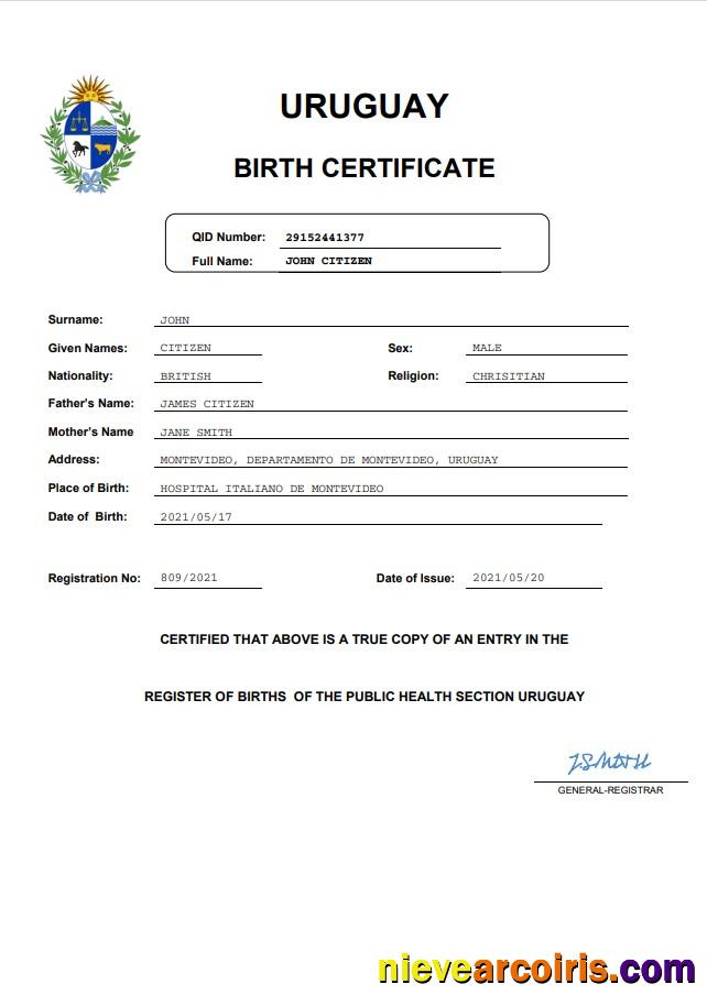 Realistic Uruguay Vital Record Birth Certificate Word And PDF Template