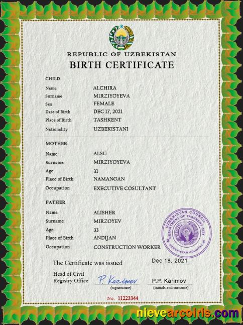 Professional Uzbekistan Birth Certificate PSD Template