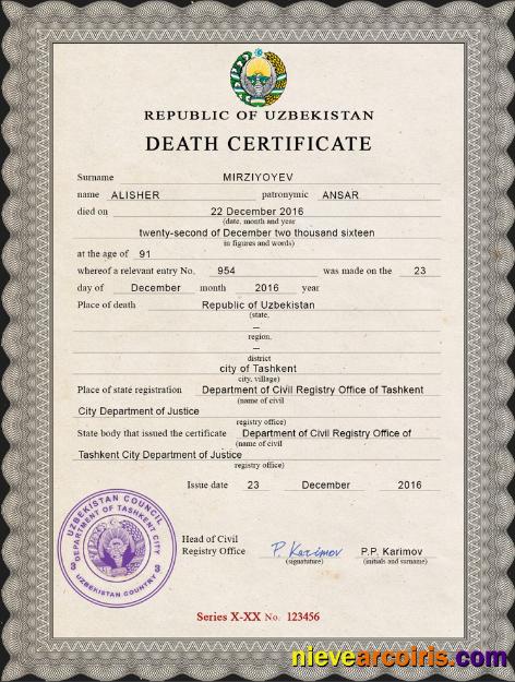 Uzbekistan Death Certificate Template