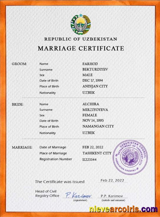 Premium Uzbekistan Marriage Certificate PSD Template