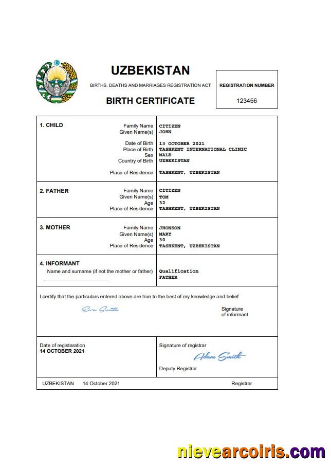 Realistic Uzbekistan Vital Record Birth Certificate Word And PDF Template
