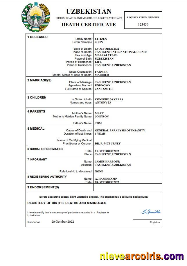 Realistic Uzbekistan Vital Record Death Certificate Word And PDF Template