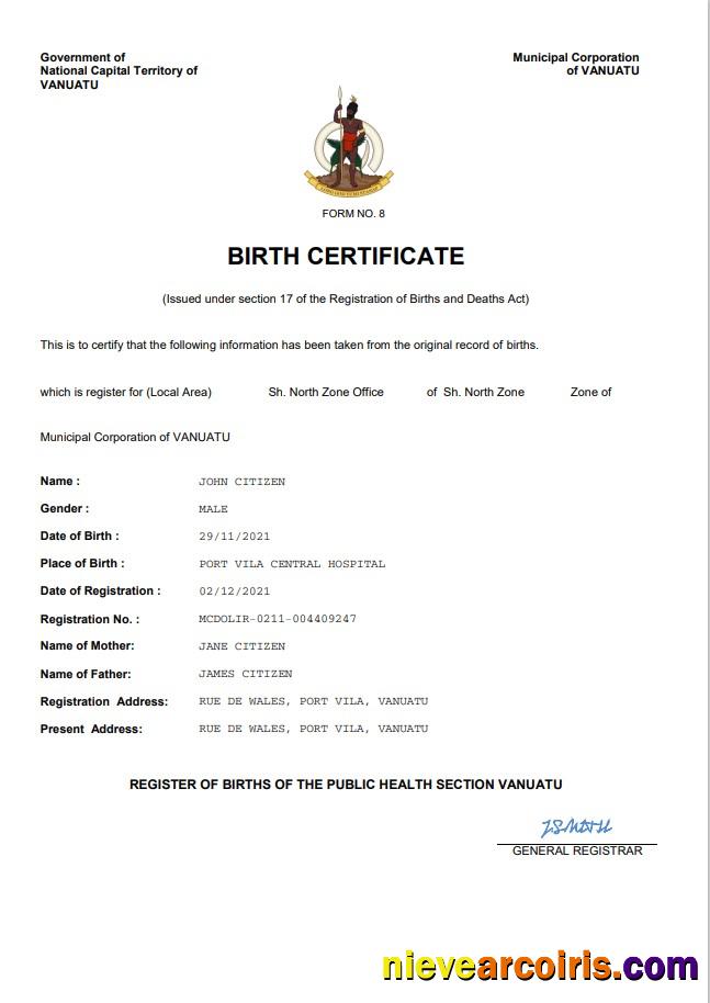 Realistic Vanuatu Birth Certificate Word And PDF Template