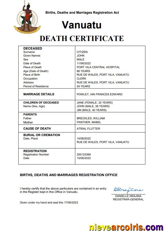 Premium Vanuatu Death Certificate Word And PDF Template