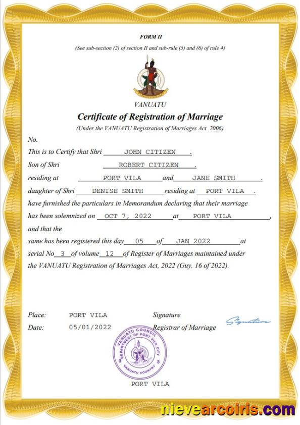 Editable Vanuatu Marriage Certificate Word And PDF Template