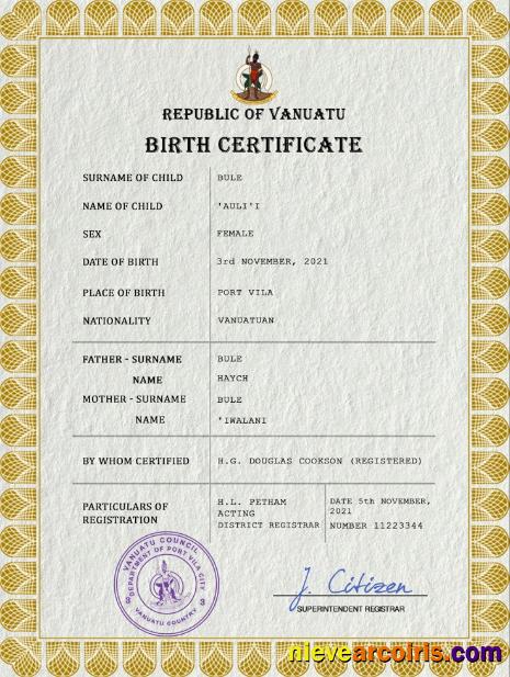 Realistic Vanuatu Vital Record Birth Certificate PSD Template