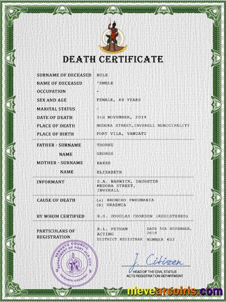 Premium Vanuatu Vital Record Death Certificate PSD Template