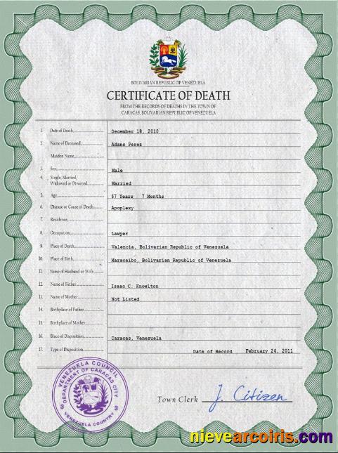 Premium Venezuela Vital Record Death Certificate PSD Template
