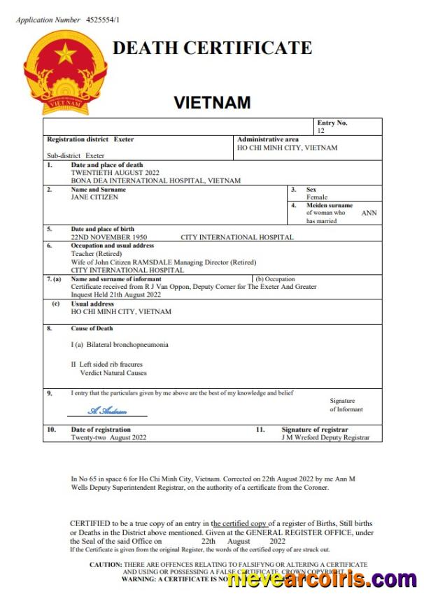 Editable Vietnam Vital Record Death Certificate Word And PDF Template