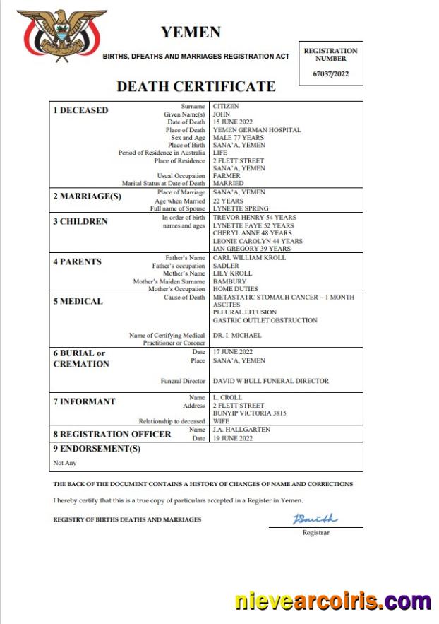 Editable Yemen Death Certificate Word And PDF Template