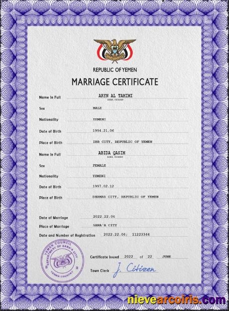 Professional Yemen Marriage Certificate PSD Template