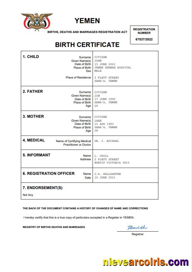 Editable Yemen Vital Record Birth Certificate Word And PDF Template