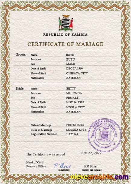 Premium Zambia Marriage Certificate PSD Template