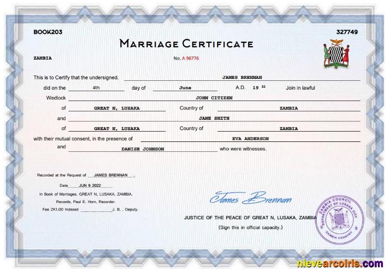 Premium Zambia Marriage Certificate Word And PDF Template
