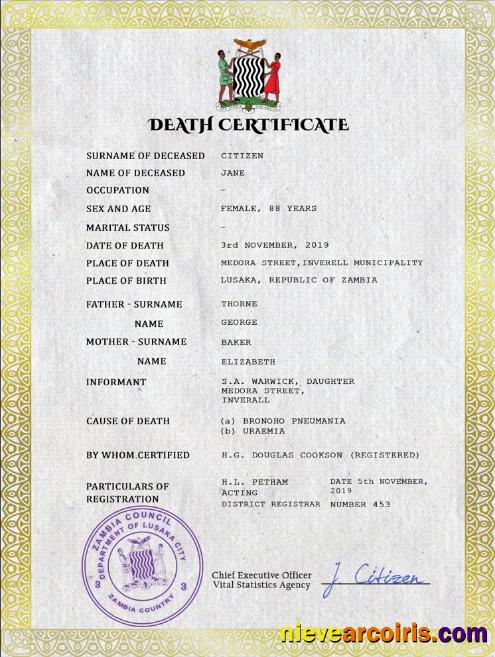 Editable Zambia Vital Record Death Certificate PSD Template