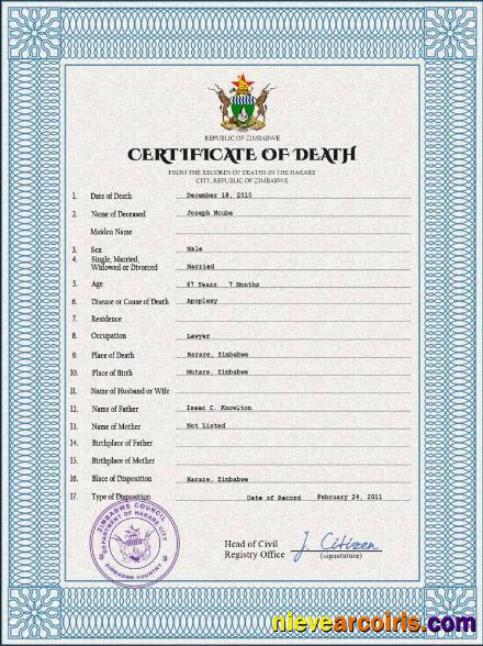 Premium Zimbabwe Death Certificate PSD Template