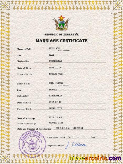 Professional Zimbabwe Marriage Certificate PSD Template