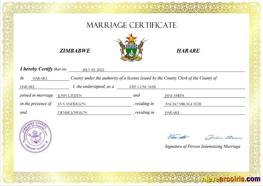 Premium Zimbabwe Marriage Certificate Word And PDF Template