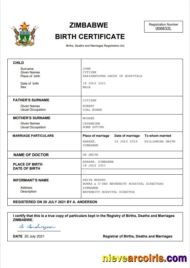 Professional Zimbabwe Vital Record Birth Certificate Word And PDF Template