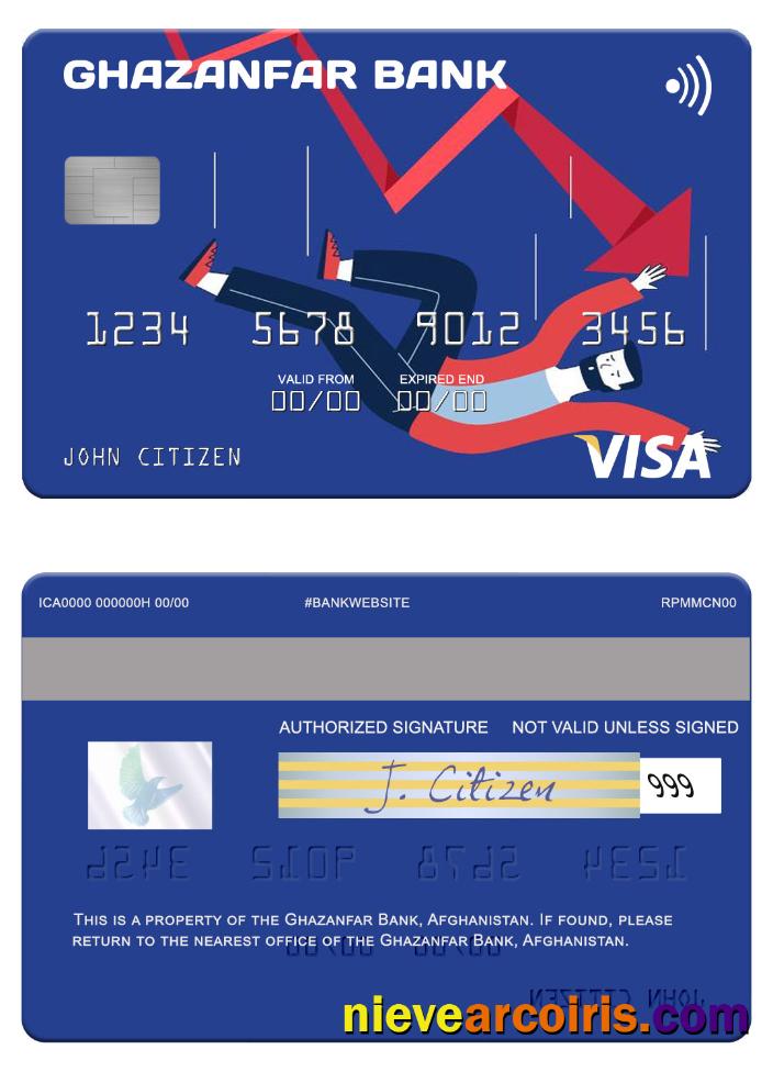 Afghanistan Ghazanfar Bank Visa Card Template