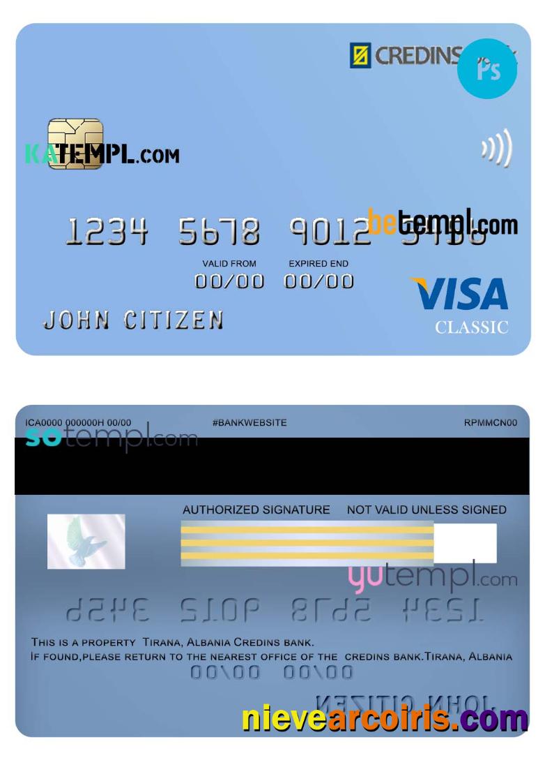 Professional Albania Credins Bank Visa Debit Card Template In PSD Format, Fully Editable