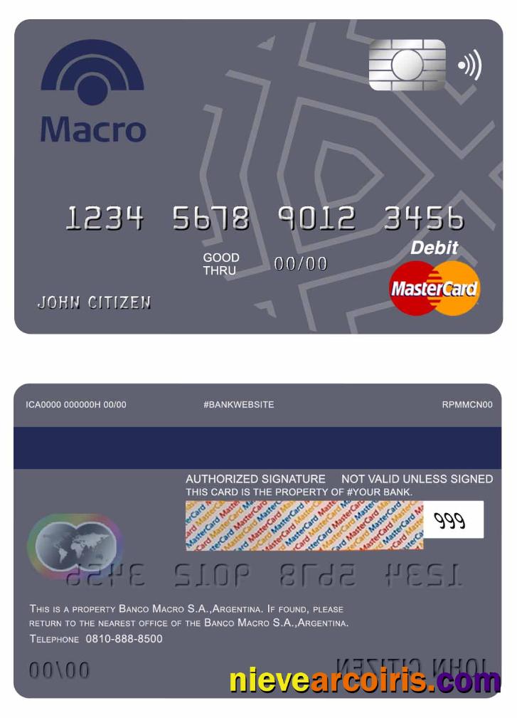 Argentina Banco Macro S.A. Bank Mastercard Debit Card Sample
