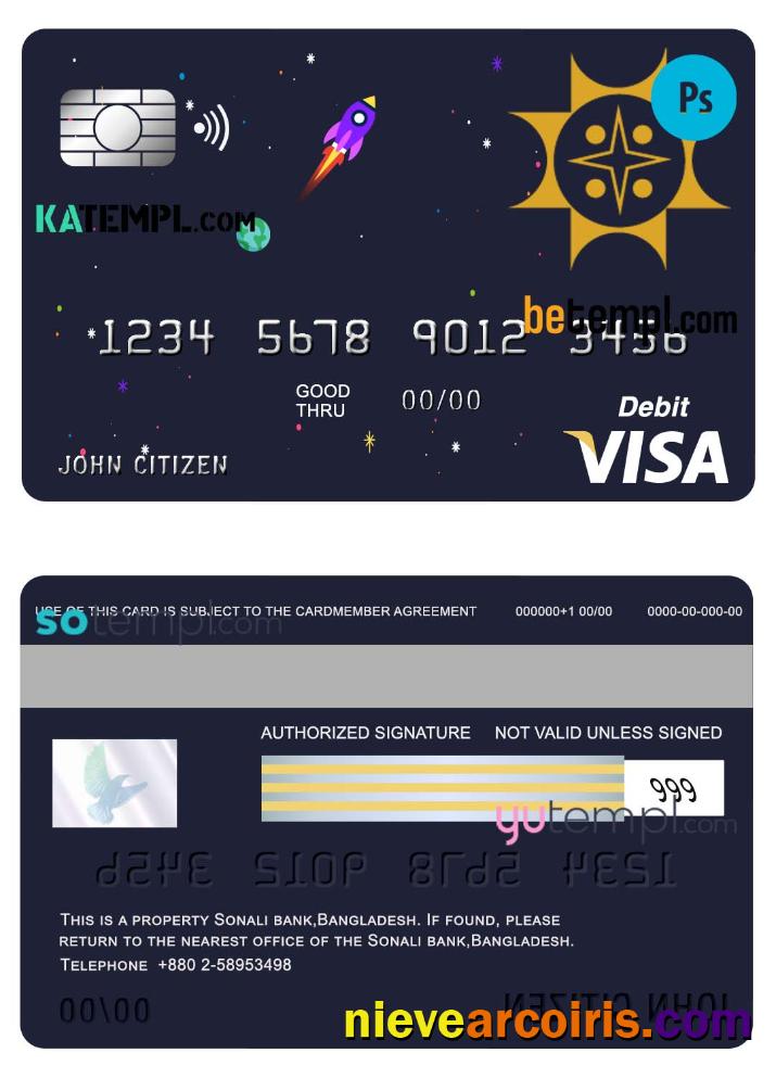 Editable Bangladesh Sonali Bank Visa Card Debit Card Template In PSD Format, Fully Editable