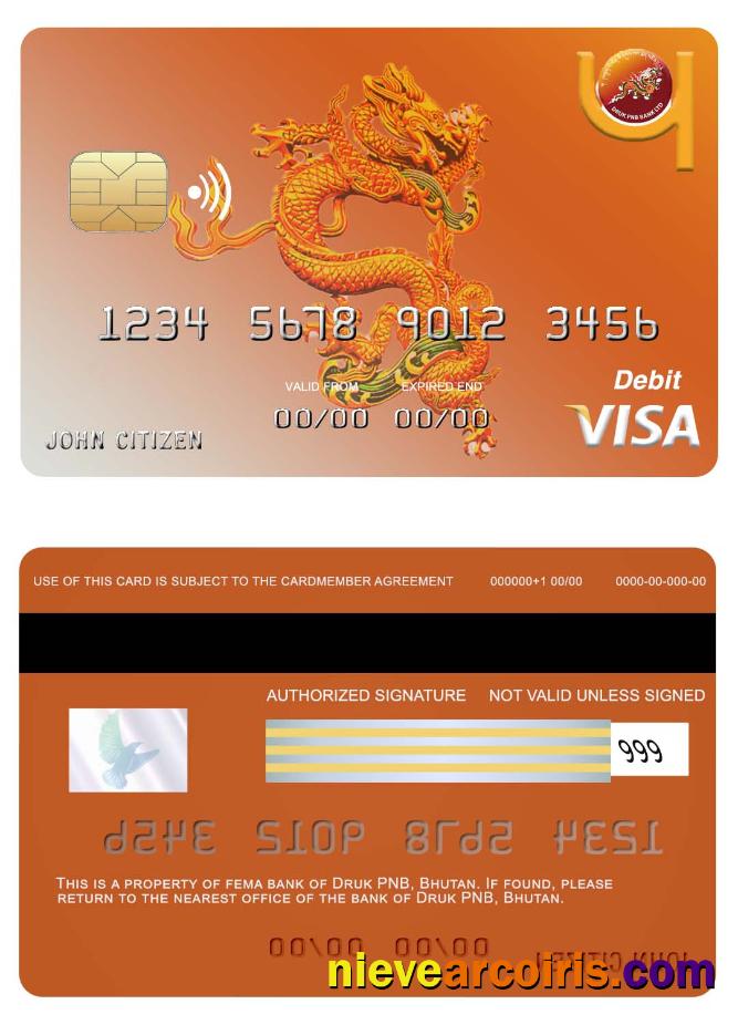 Bhutan Druk PNB Bank Visa Card Template