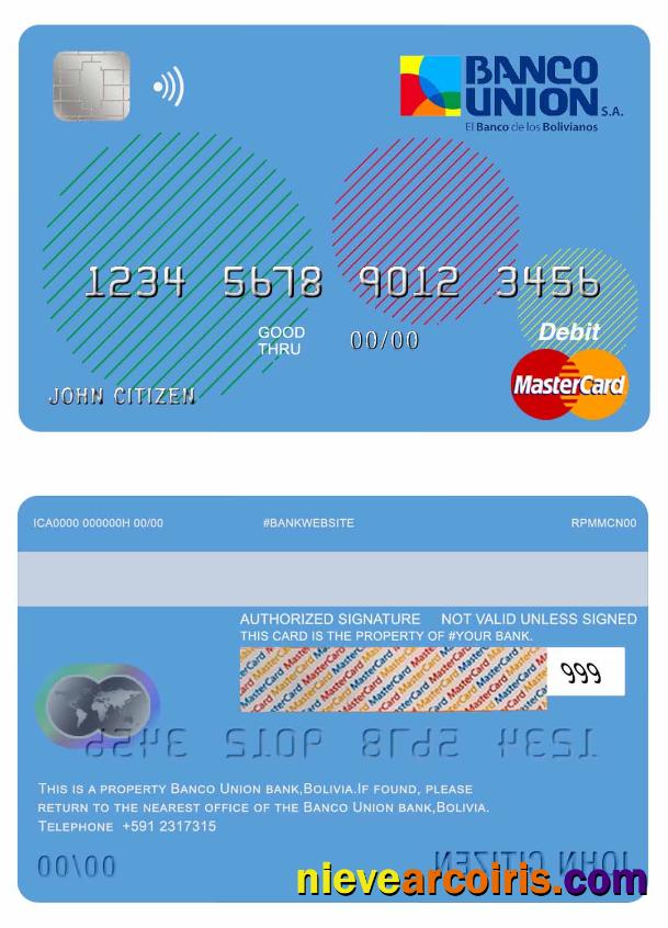 Bolivia Banco Union Bank Mastercard Debit Card Template