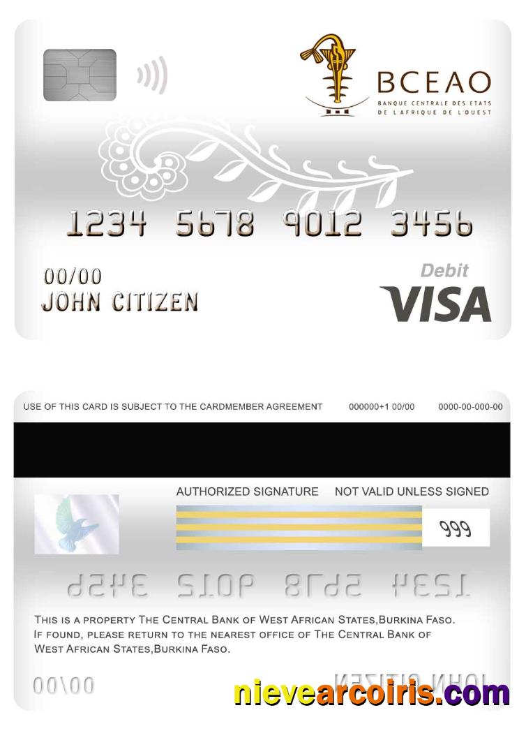 Burkina Faso The Central Bank Of West African States Bank Visa Debit Card Sample