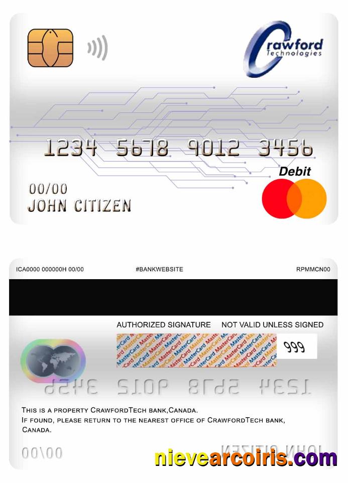Canada Crawfordtech Bank Mastercard Debit Card Sample
