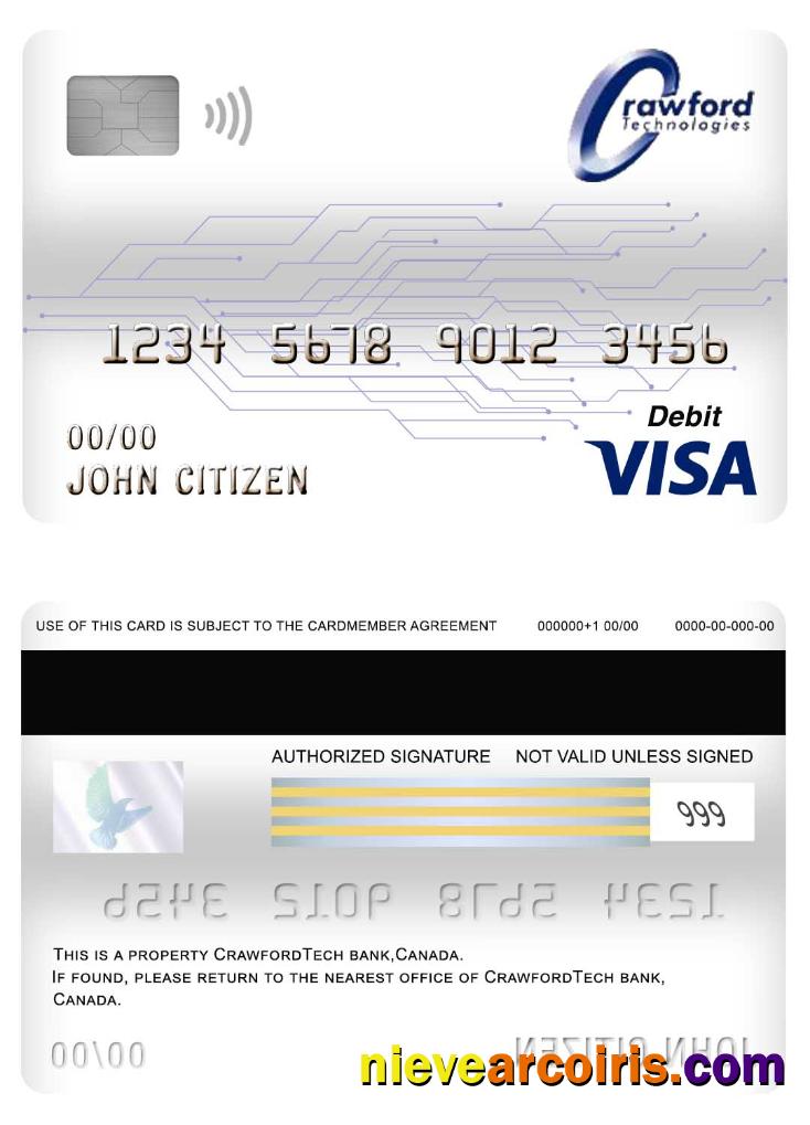 Canada Crawfordtech Bank Visa Debit Card Sample
