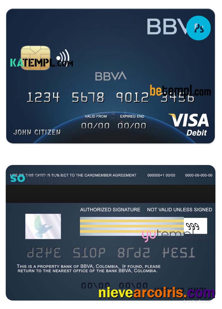 Editable Colombia BBVA Bank Visa Debit Card Template In PSD Format, Fully Editable