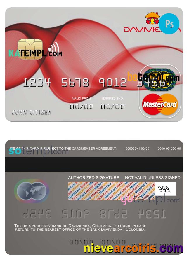 Professional Colombia Davivienda Bank Mastercard Credit Card Template In PSD Format, Fully Editable
