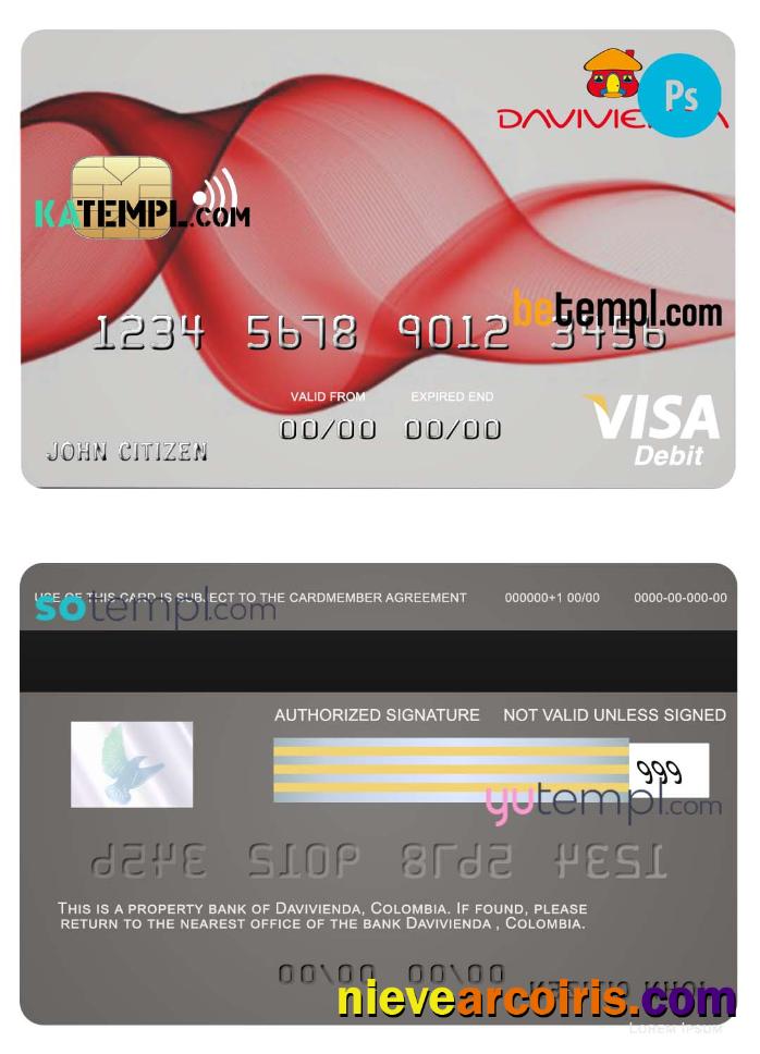 Editable Colombia Davivienda Bank Visa Debit Card Template In PSD Format, Fully Editable