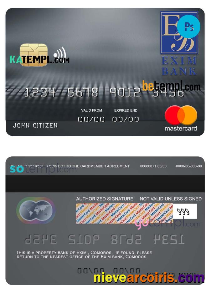 Realistic Comoros Exim Bank Mastercard Credit Card Template In PSD Format, Fully Editable