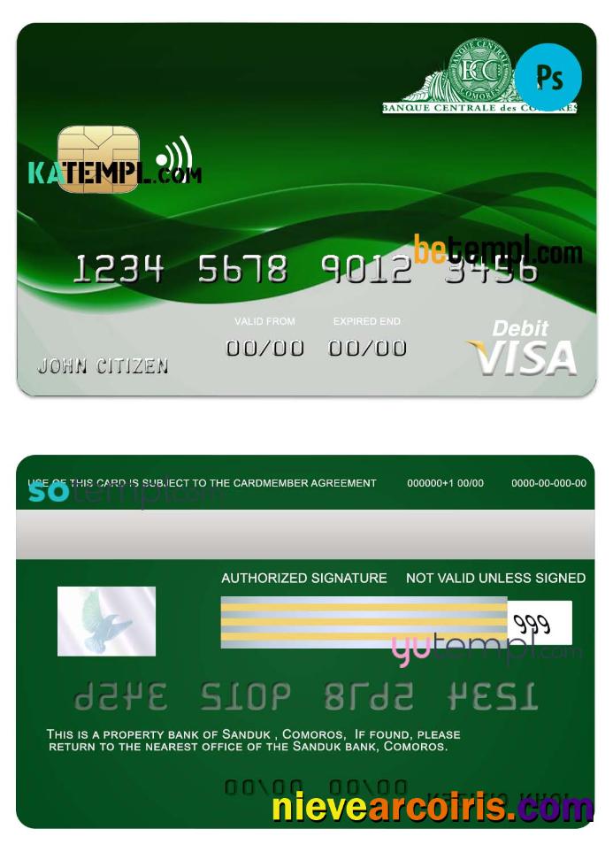 Realistic Comoros Sanduk Bank Visa Credit Card Template In PSD Format, Fully Editable