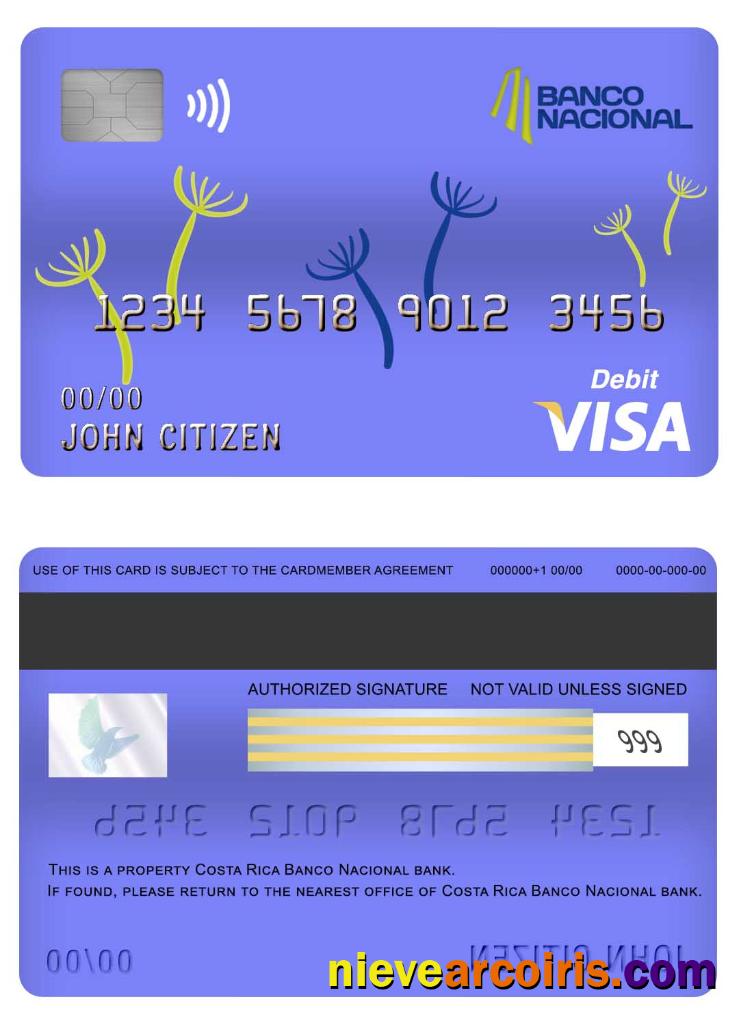 Costa Rica Banco Nacional Bank Visa Debit Card Template