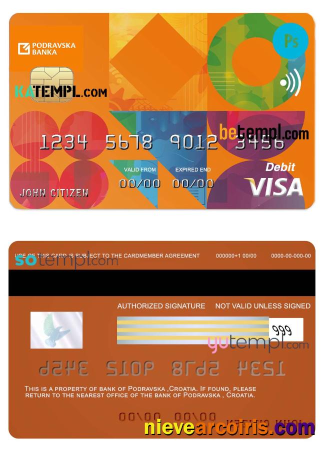 Editable Croatia Podravska Bank Visa Credit Card Template In PSD Format, Fully Editable