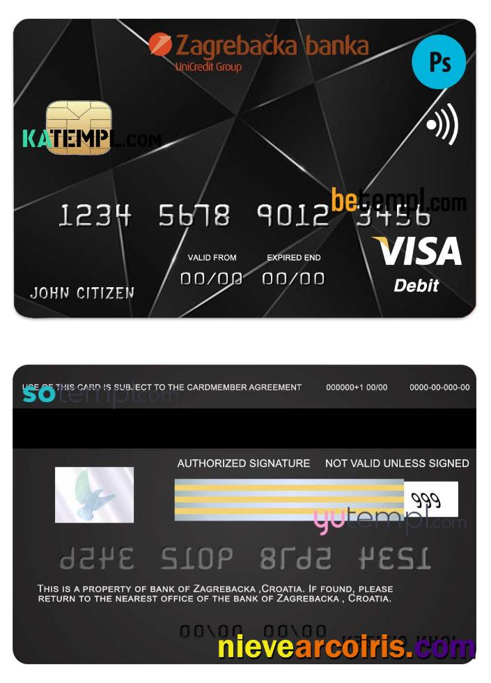 Professional Croatia Zagrebacka Bank Visa Credit Card Template In PSD Format, Fully Editable