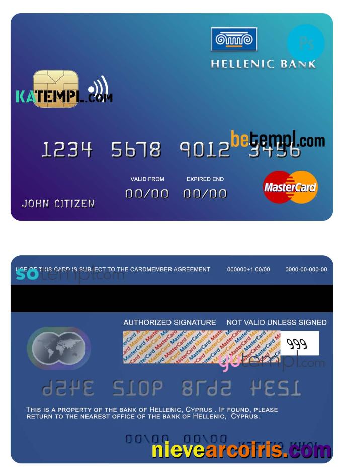 Realistic Cyprus Hellenic Bank Mastercard Credit Card Template In PSD Format, Fully Editable