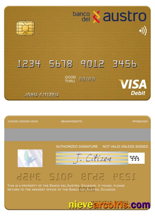 Ecuador Banco Del Austro Visa Debit Card Template