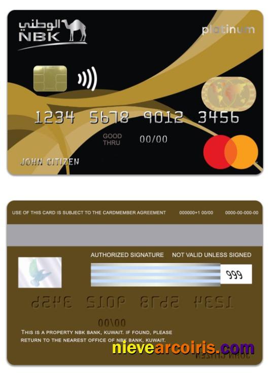 Kuwait NBK Bank Thahabi Platinum Mastercard Credit Card Template
