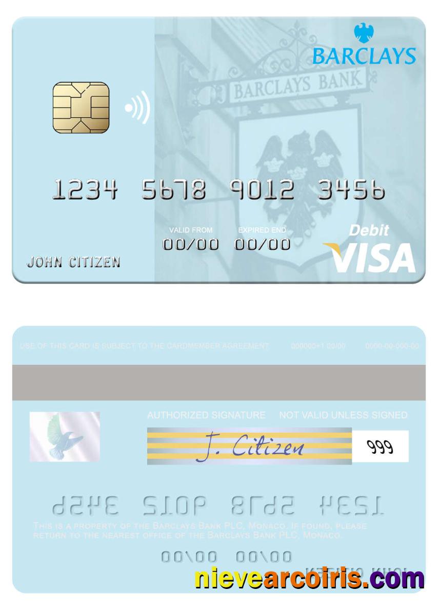 Monaco Barclays Bank PLC Visa Debit Card Template