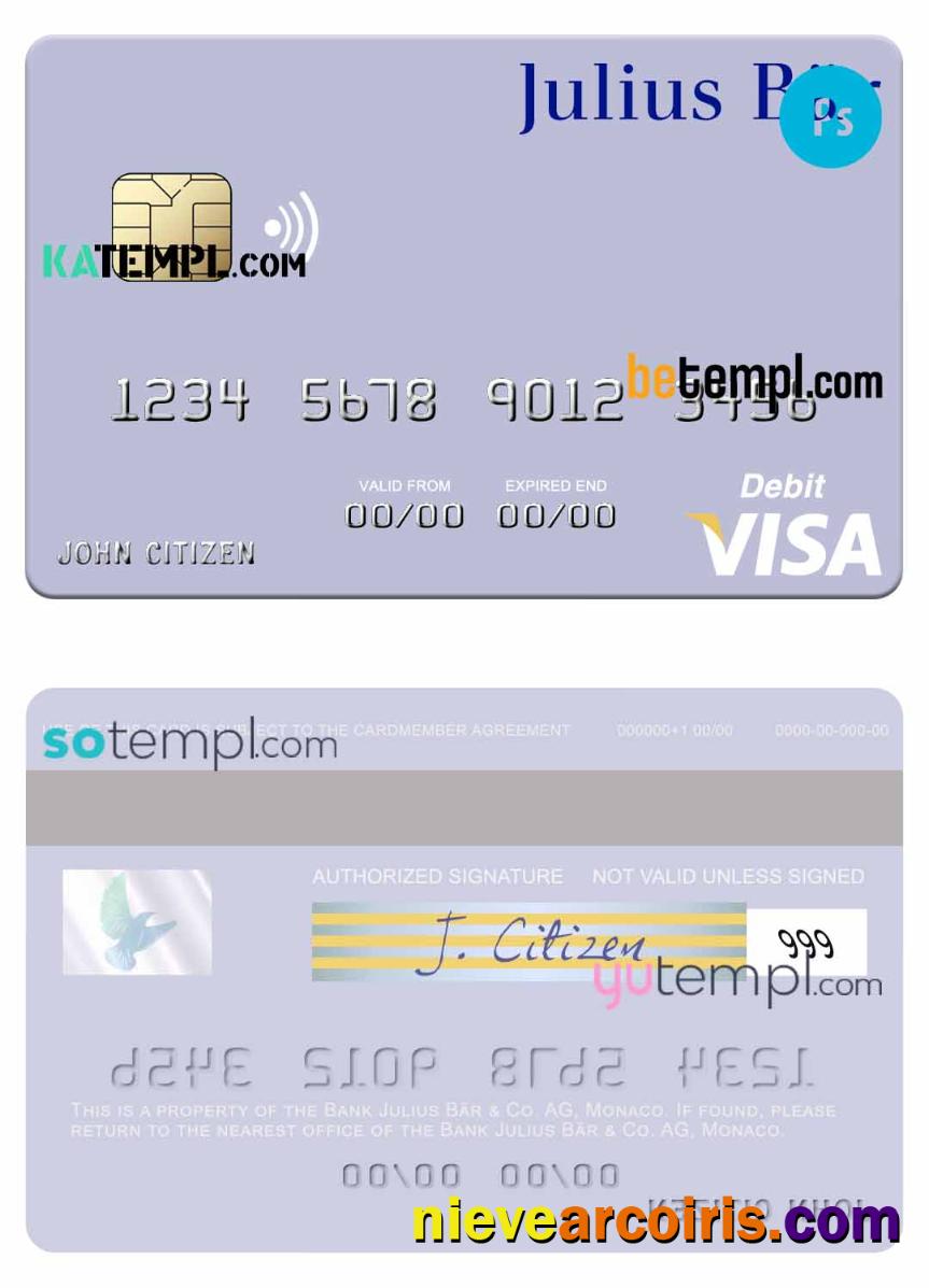 Professional Monaco Julius Bär & Co. AG Bank Visa Debit Card, Fully Editable Template In PSD Format