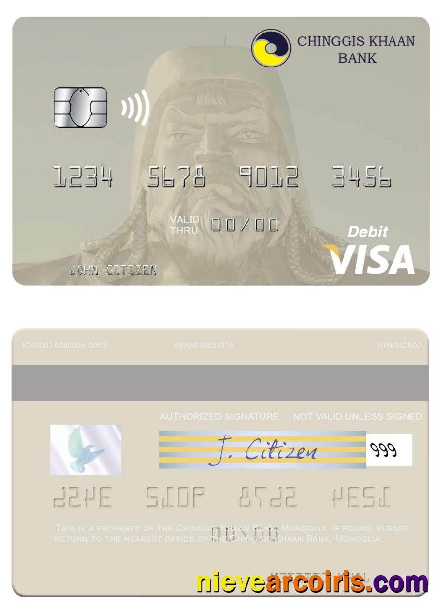 Mongolia Chinggis Khaan Bank Visa Debit Card Sample
